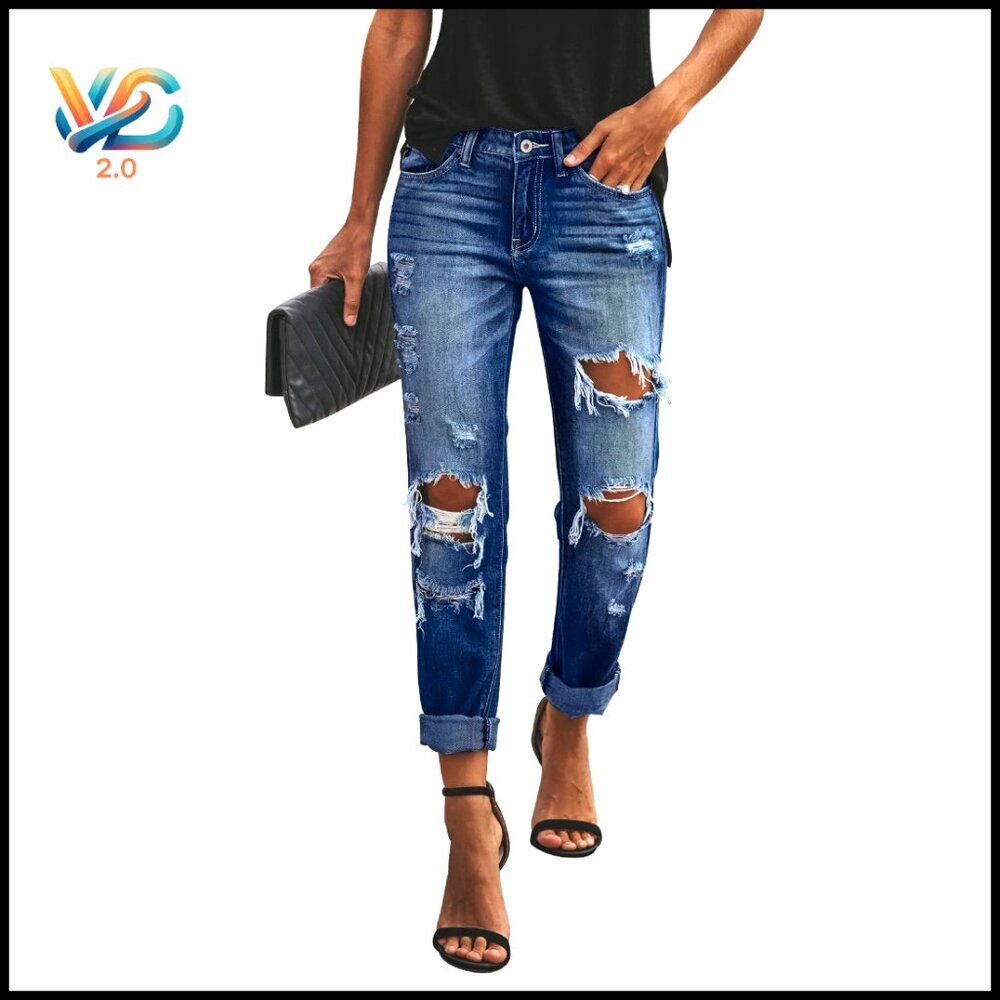 Ripped‎ Boyfriend Jeans Mid Rise Loose Fit Distressed Stretchy Denim Pants